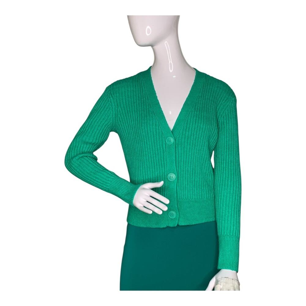 Halogen Ribbed Knit Cardigan V-Neck Front Buttons Closure Green Size M